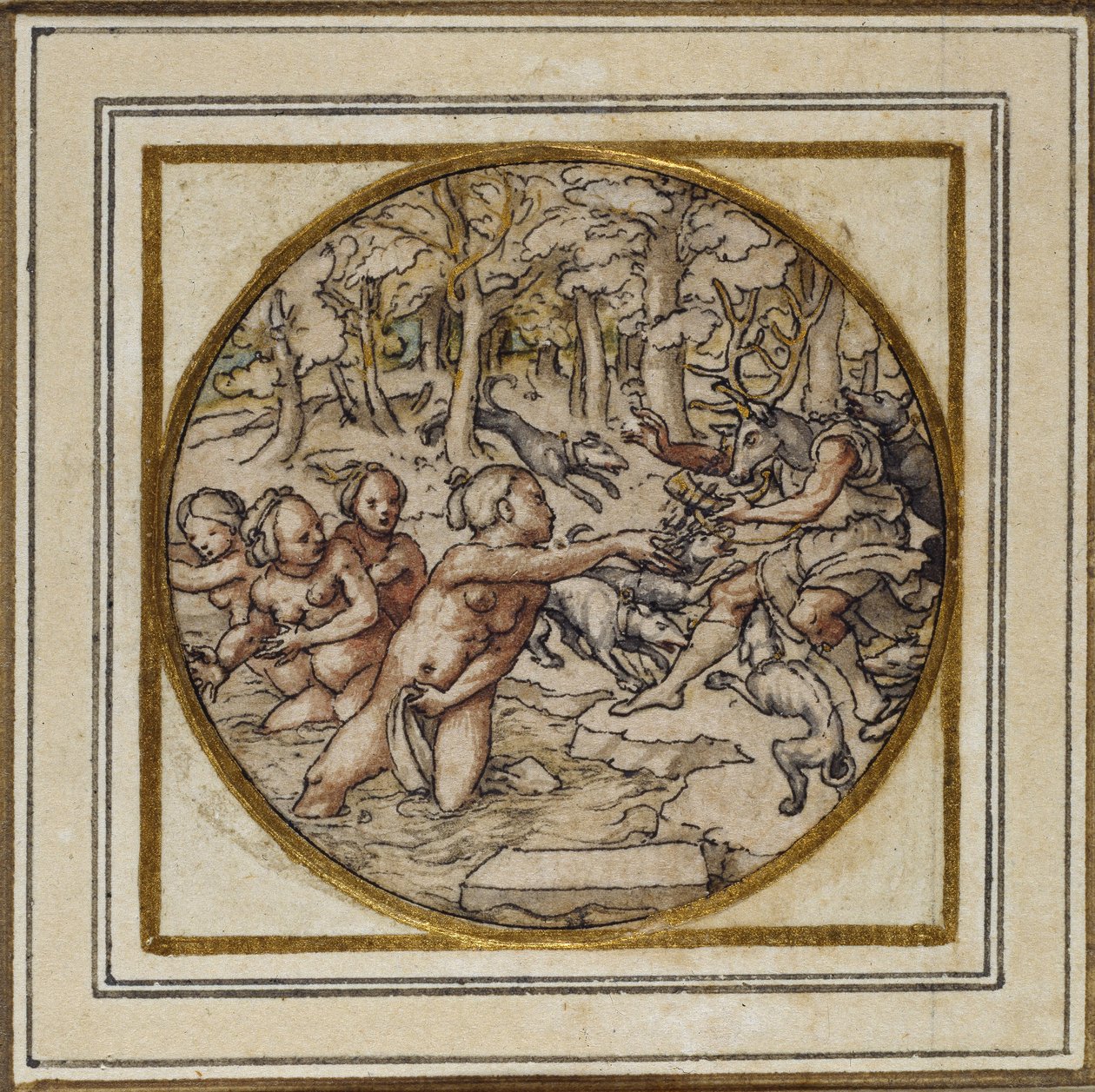 Diana ve Actaeon - Bir kolye veya şapka rozeti için tasarım, c.1532-43 (kağıt üzerinde kalem ve mürekkep) by Hans Holbein der Jüngere