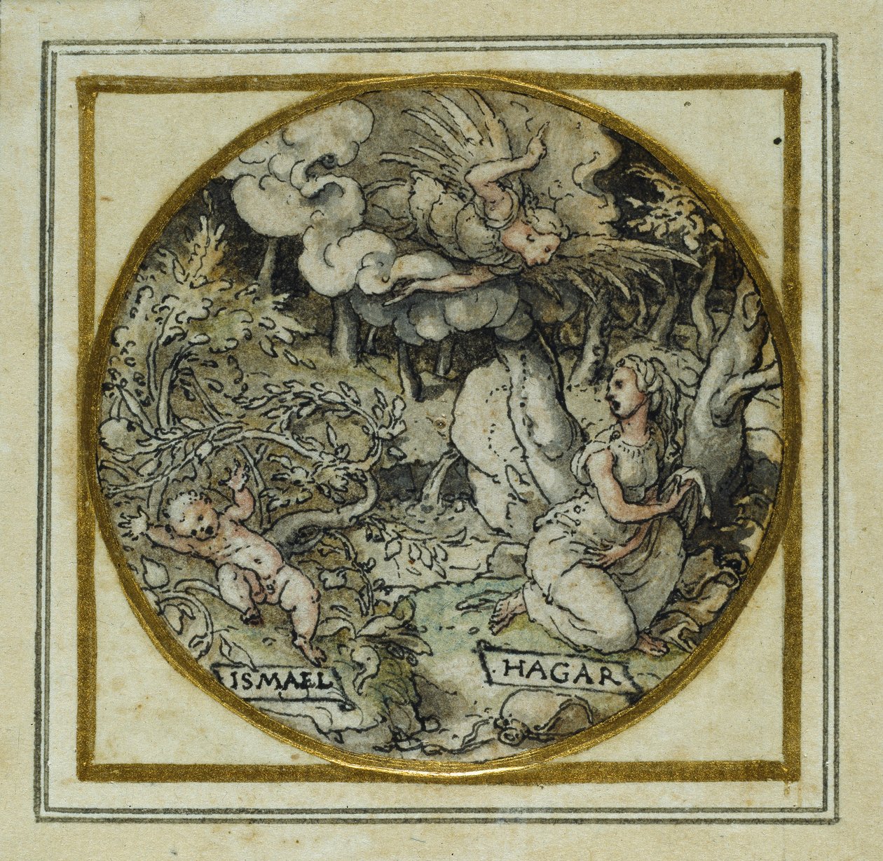 Hacer ve İsmail - Bir kolye veya şapka rozeti için tasarım, c.1532-43 (kağıt üzerinde kalem ve mürekkep) by Hans Holbein der Jüngere