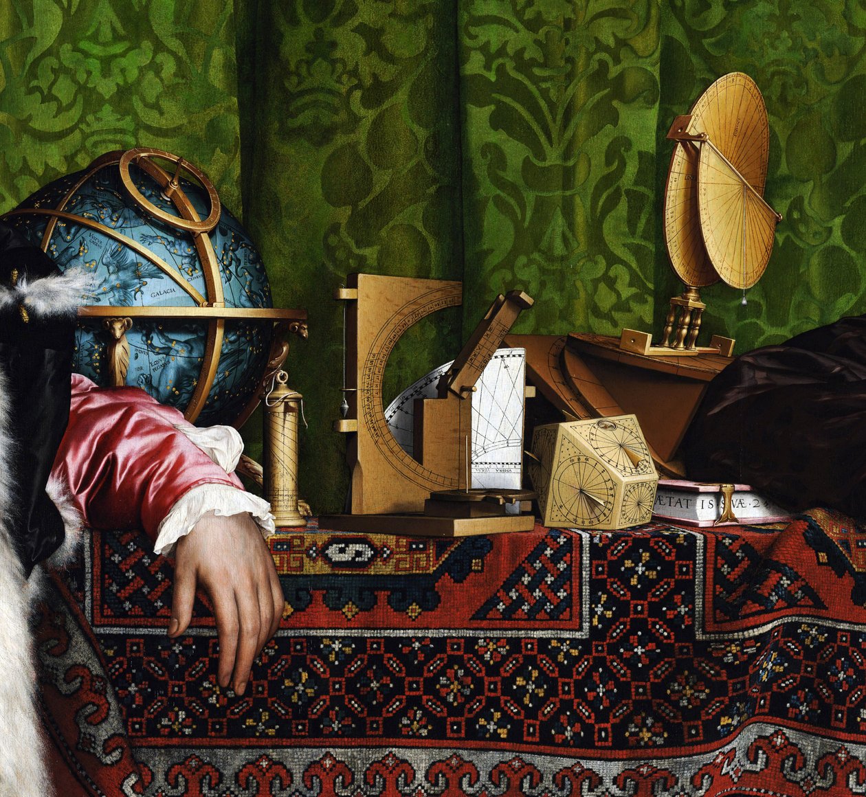 Büyükelçiler (Jean de Dinteville (1504-1555 veya 1557) ve Georges de Selve (1506-1541) (Elçiler (Jean de Dinteville ve Georges de Selve). Üst raftaki astronomik aletlerin detayı: gök küresi, Türk (veya torktum) ve cad by Hans Holbein der Jüngere
