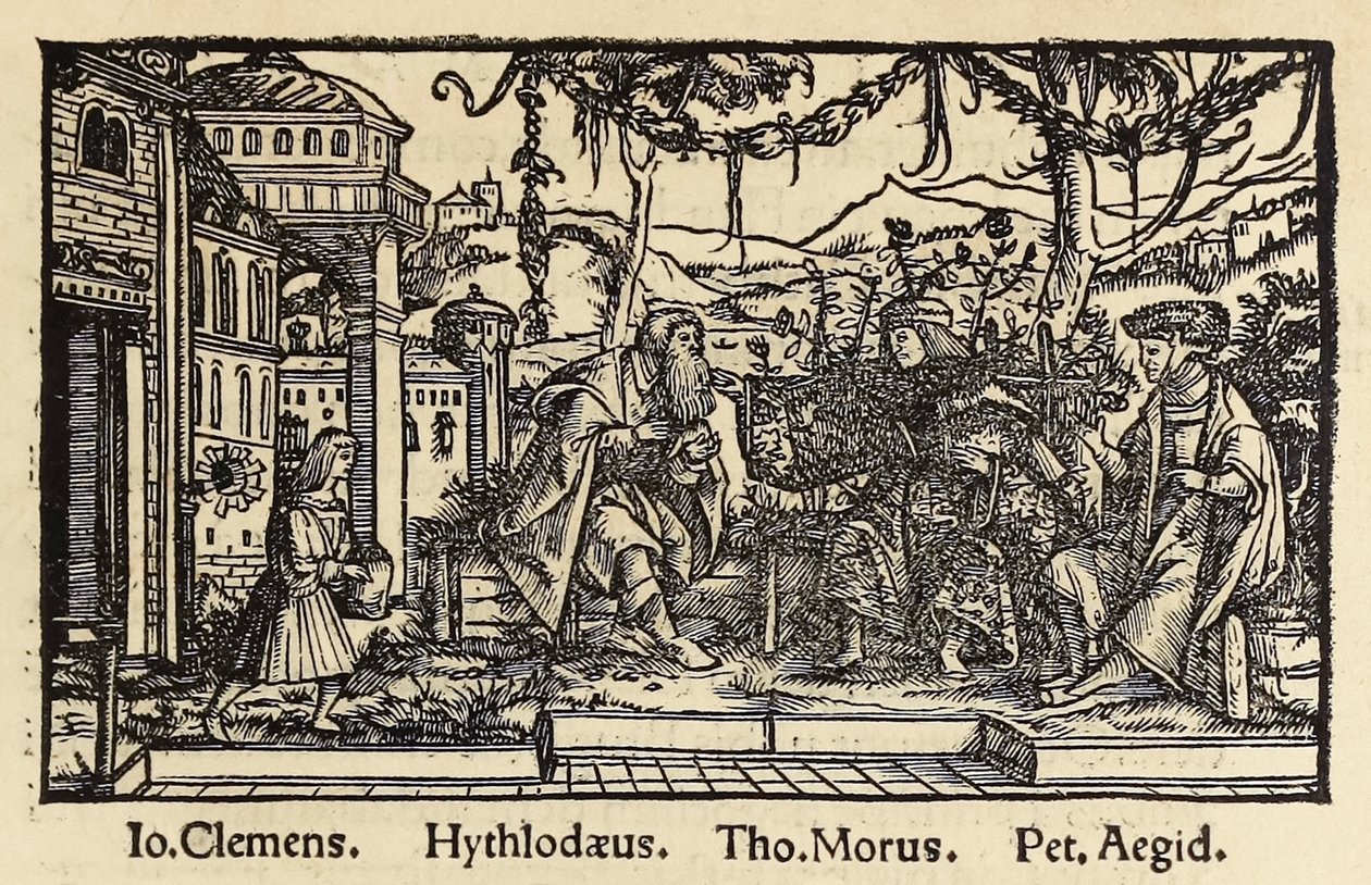 Basel'de yayınlanan, Sir Thomas More'un (1478-1535) 'Ütopya'nın 1518 üçüncü baskısından, yazarın kahramanı Raphael Hythloday ile Ütopya adasında bulduğu ideal toplum hakkında konuşmasını gösteren gravür. Genç Hans Holbein tarafından gravür by Hans Holbein der Jüngere