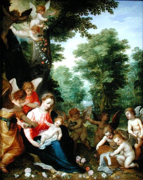 Bir Manzarada Meleklerle Madonna ve Çocuk (bakır üzerine yağ) by Hans I or Johann Rottenhammer