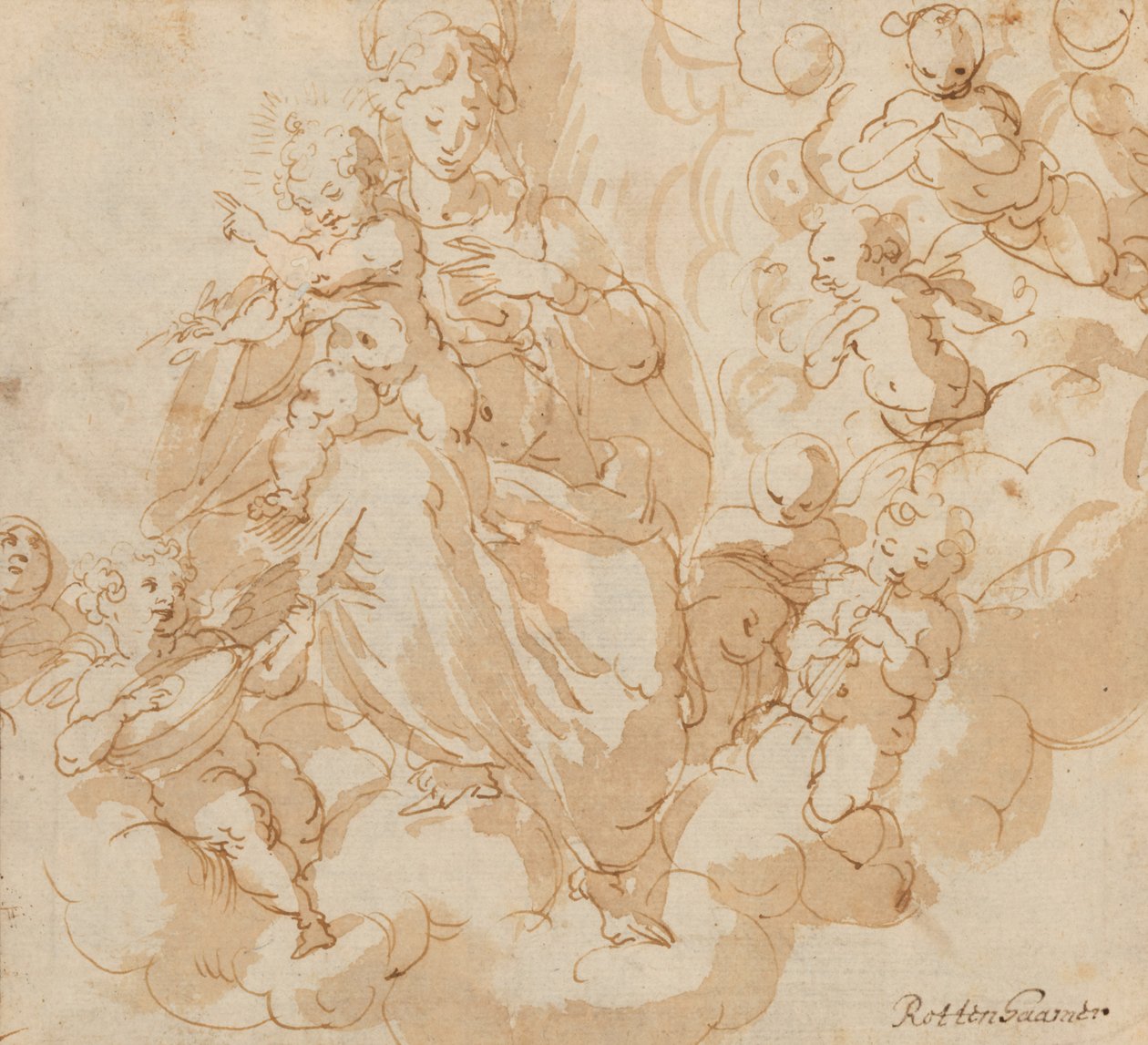 Recto: Putti ile çevrili bulutların üzerinde oturan Bakire ve Çocuk by Hans I or Johann Rottenhammer