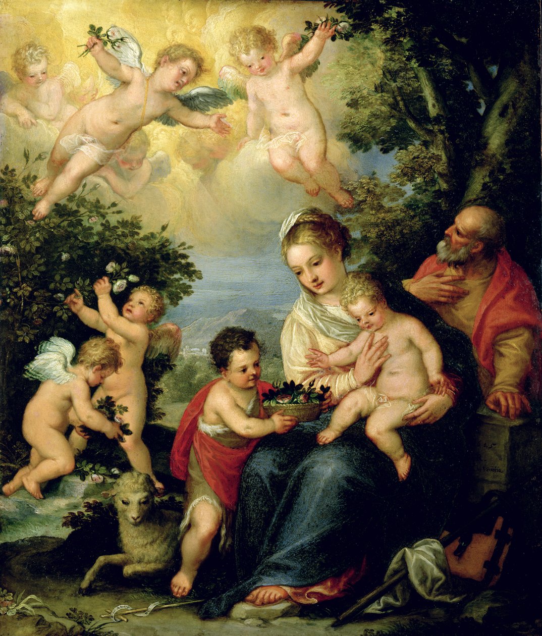 Vaftizci Yahya ve Çiçek Veren Melekler ile Kutsal Aile, (bakır üzerine yağ) by Hans I or Johann Rottenhammer