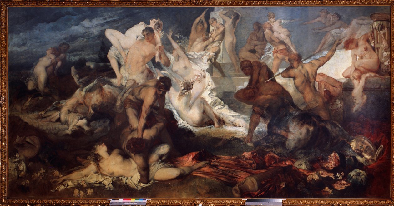 Centaurlar ve Lapitler veya Laphites Savaşı (Centaurlar ve Lapitler Savaşı). Yunan mitolojisinde, Lapithler centaurları katletti. Hans Makart'ın (1840-1884) tablosu. Tuval üzerine yağlıboya. Avusturya sanatı, art nouveau dönemi. F Eyalet Müzesi by Hans Makart