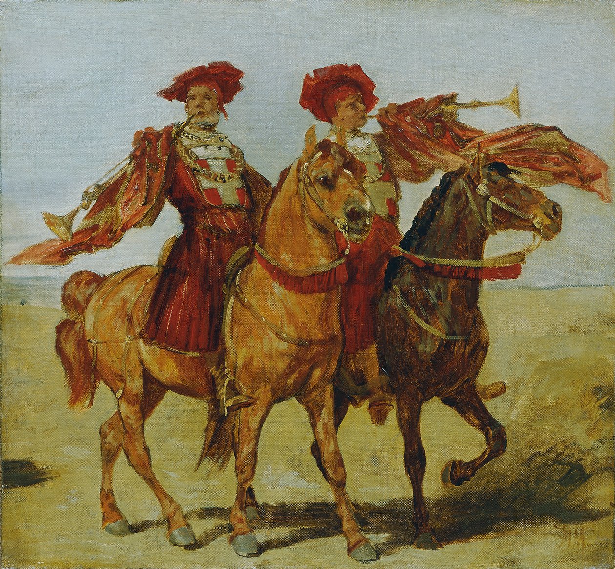 İki monte edilmiş tantana oyuncusu by Hans Makart
