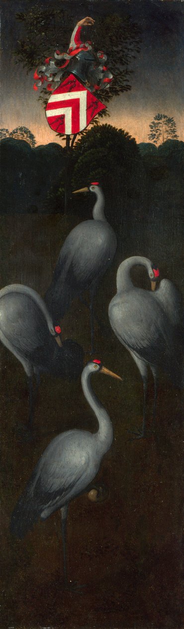 Pagagnotti ailesinin arması olan turnalar Üç Parçadan Bir Panelin Tersi, c. 1480 by Hans Memling