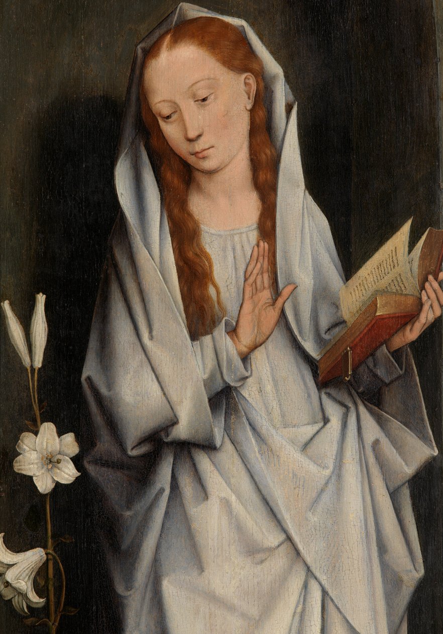 Müjde'yi gösteren bir çift kanadın arkasından Bakire'nin detayı (panel üzerinde yağlı boya) by Hans Memling