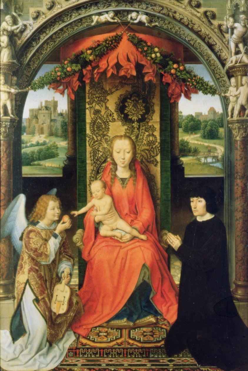 Donörlü Madonna ve Çocuk ve bir Melek, üç parçanın orta paneli, 1485-90 (panel) by Hans Memling