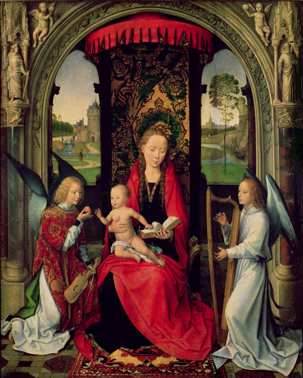 İki Melekli Madonna ve Çocuk (panelde yağlı boya) by Hans Memling