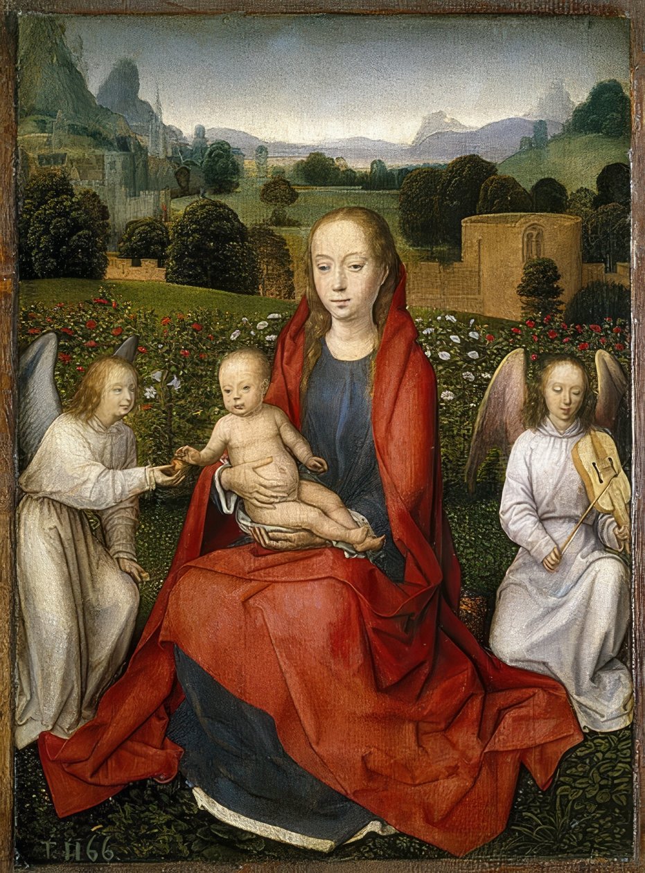 Madonna, çocuğu ve iki meleğiyle. 1480-90 by Hans Memling