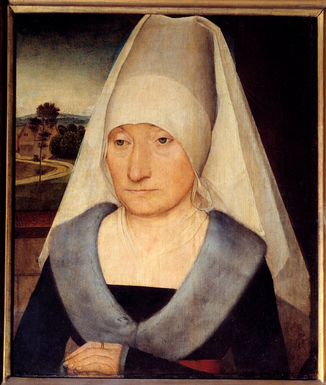 Yaşlı bir kadının portresi Resim Hans Memling (1435-1494) 15. yüzyıl Güneşi. 0,35x0,29 m - Yaşlı bir kadının portresi. Hans Memling