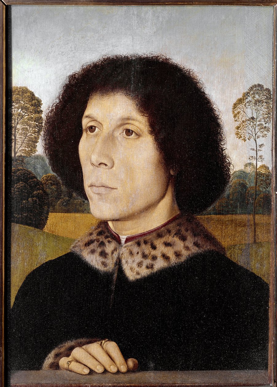 Bir manzarada bilinmeyen bir adamın portresi (tahta üzerine yağlı boya by Hans Memling
