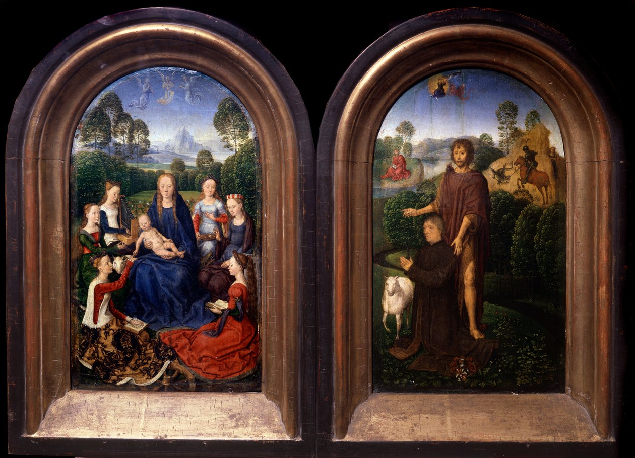 Azizler, Bağışçı ve Vaftizci Yahya ile Çevrili Bakire ve Çocuk İki Parçalı - Tablo Hans Memling (1435-1494) (ec flam) 15. yüzyıl Paris, Louvre Müzesi by Hans Memling
