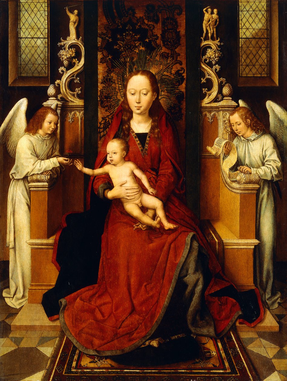 Bakire ve Çocuk iki Melekle tahta çıktı, by Hans Memling