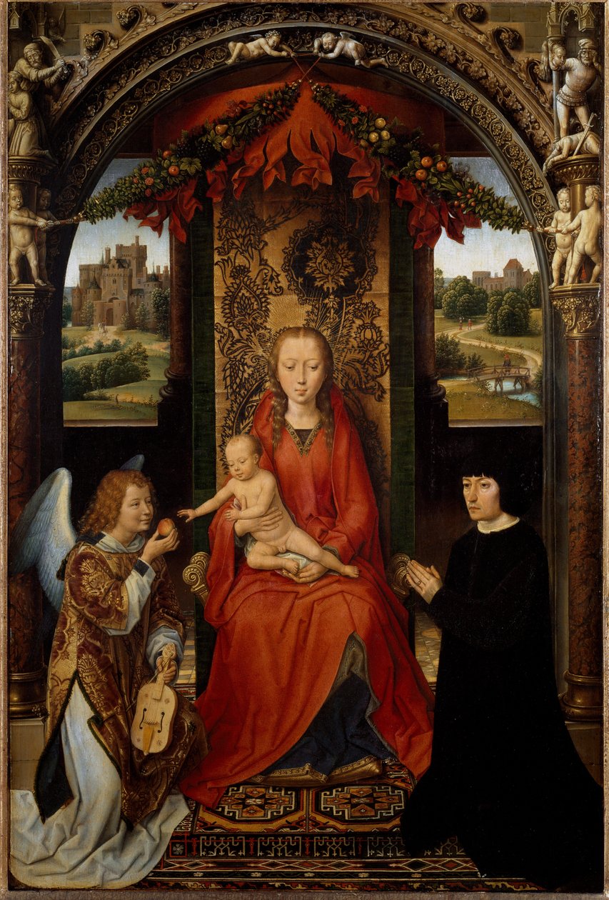 Bağışçı ve müzisyen bir melek ile Bakire ve Çocuk. (Resim, c.1485) by Hans Memling