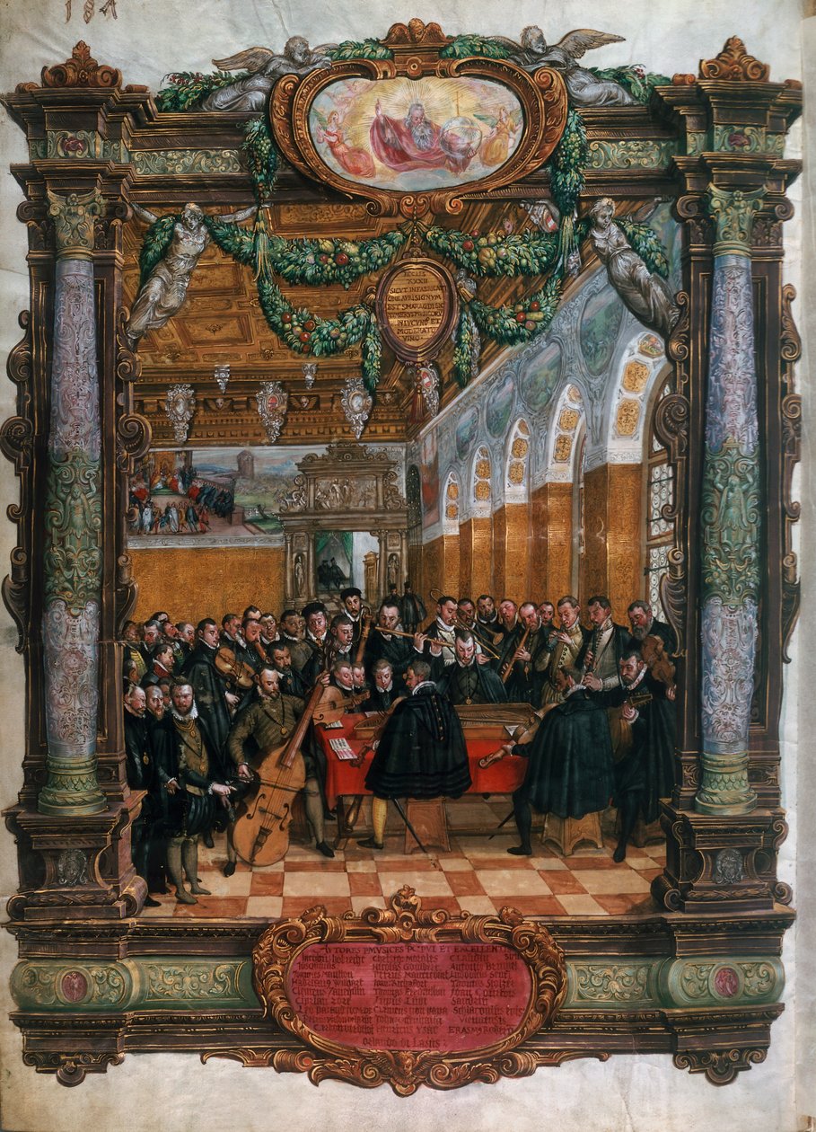 Orlando di Lasso (1532-1594), sol altta, Münih sarayında Bavyera Dükü V. by Hans Mielich or Muelich