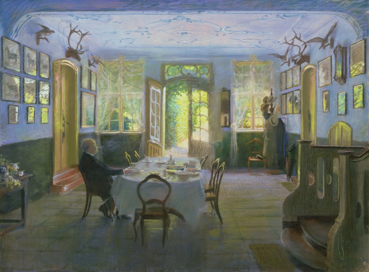 The Hall of the Manor House in Waltershof, 1894 (pastel on paper) by Hans Olde