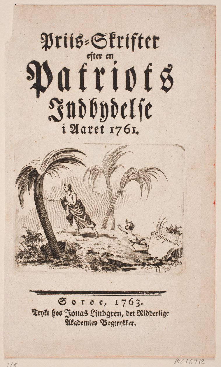 "Priis-Skrifter efter en Patriots Indbydelse i Aaret 1761" için vinyet içeren başlık sayfası by Hans Quist