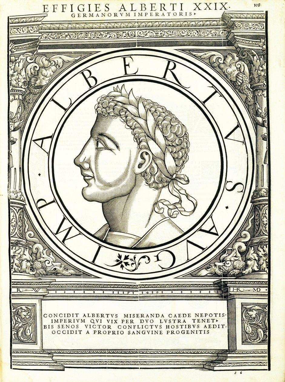 Albert I, 'Tüm Doğu ve Batı'nın Roma İmparatorları'ndan bir çizim, Rudolph Wyssenbach tarafından gravür, Andreas Gesner, Zürih tarafından basıldı by Hans Rudolf Manuel Deutsch