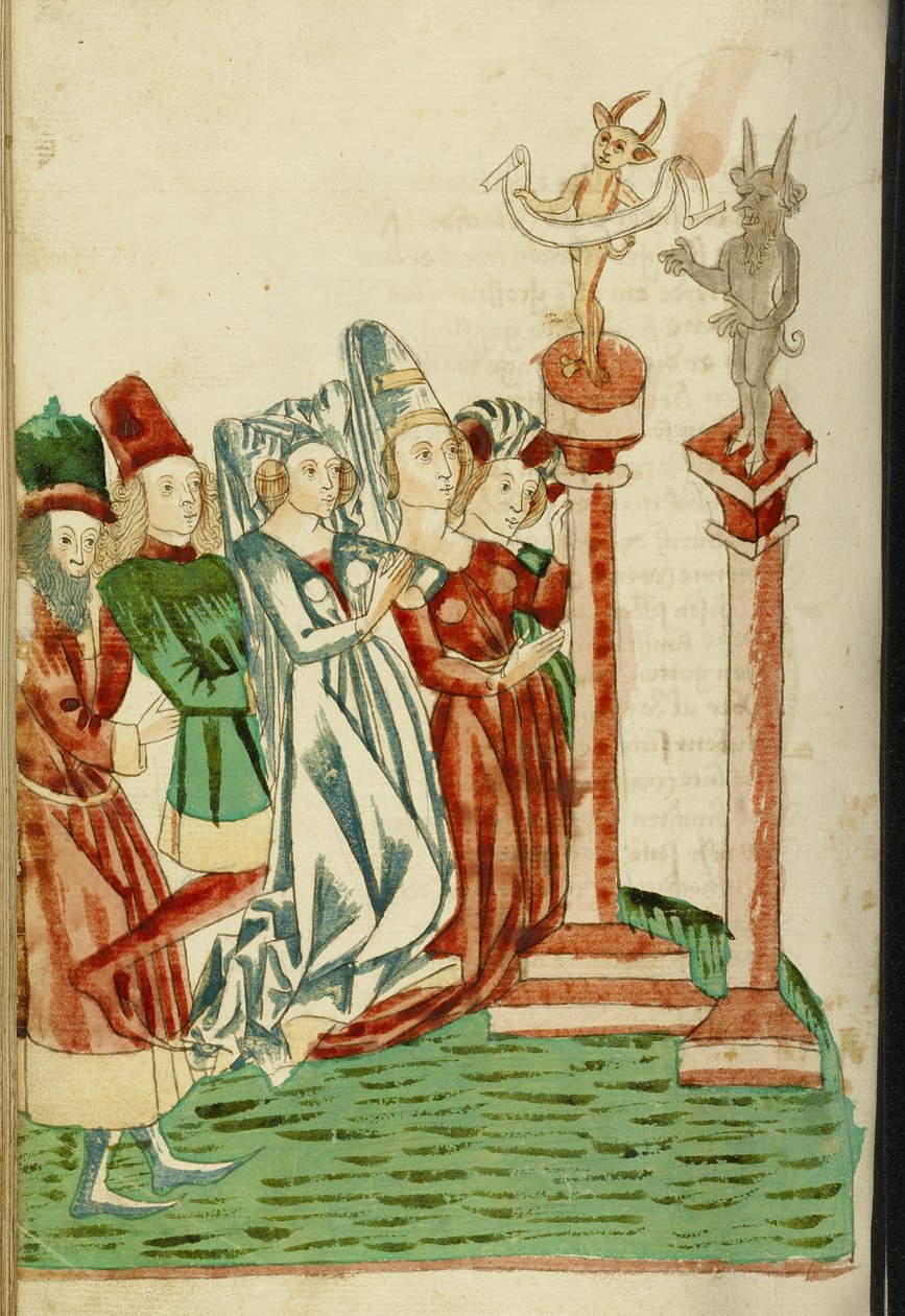 Bir Grup Erkek ve Kadın İki Puta Tapar, 1469 (kağıt üzerinde mürekkep, yıkama ve tempera) by Hans Schilling