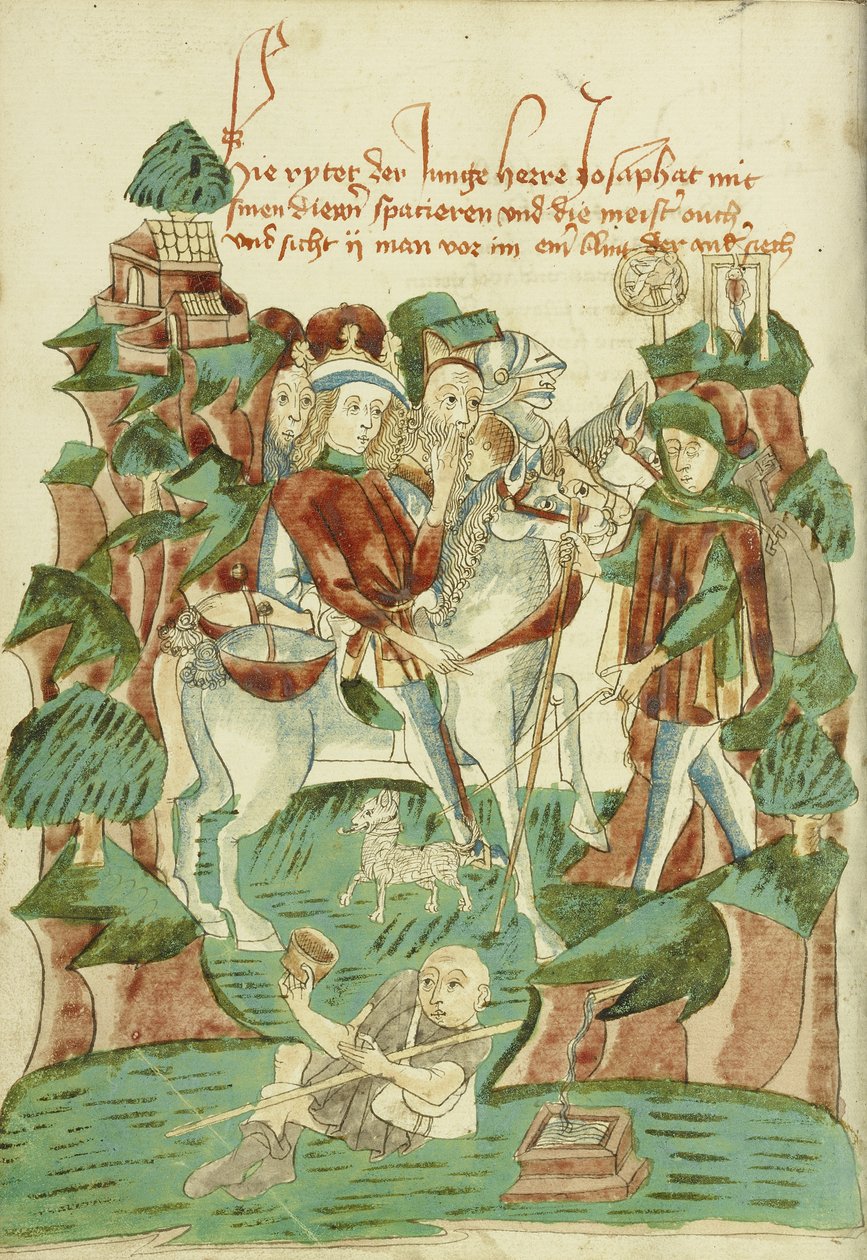 Josaphat kör bir adamla ve bir dilenciyle tanışıyor Ms Ludwig XV 9 fol. 31v, 1469 (kağıt üzerinde mürekkep, renk yıkama ve tempera) by Hans Schilling