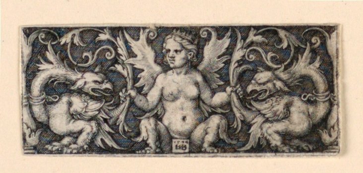 Kanatlı kadın figürlü friz ve iki grotesk horoz by Hans Sebald Beham