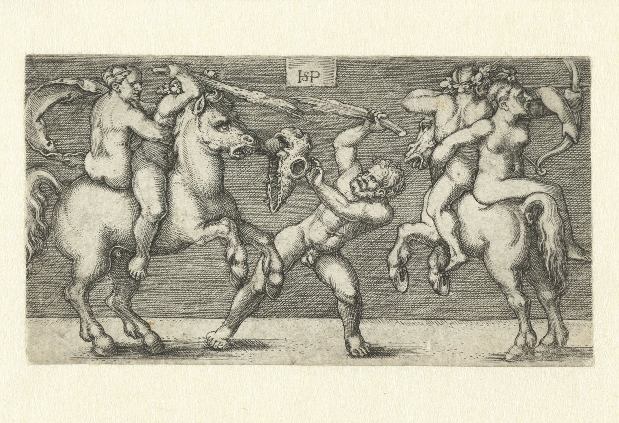 At sırtında kadınlar ve ayakta duran bir adamla iki adam arasında kavga by Hans Sebald Beham