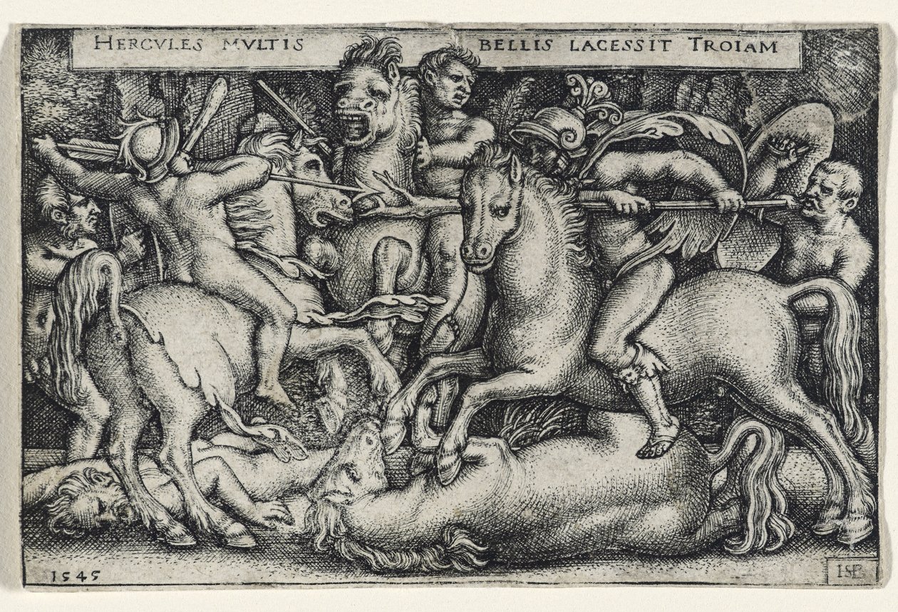 Truva Atlarına Karşı Savaşan Herkül, 1545 (kağıt üzerine gravür) by Hans Sebald Beham