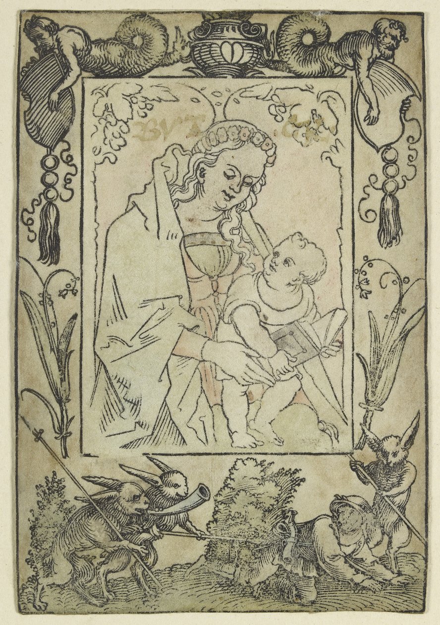 Bakire ve Çocuk, bir Sınırla çevrili bir Avcı ve bazı Tavşanlar (tahta baskı, suluboyada fazla işlenmiş, parşömen üzerine basılmış) by Hans Sebald Beham