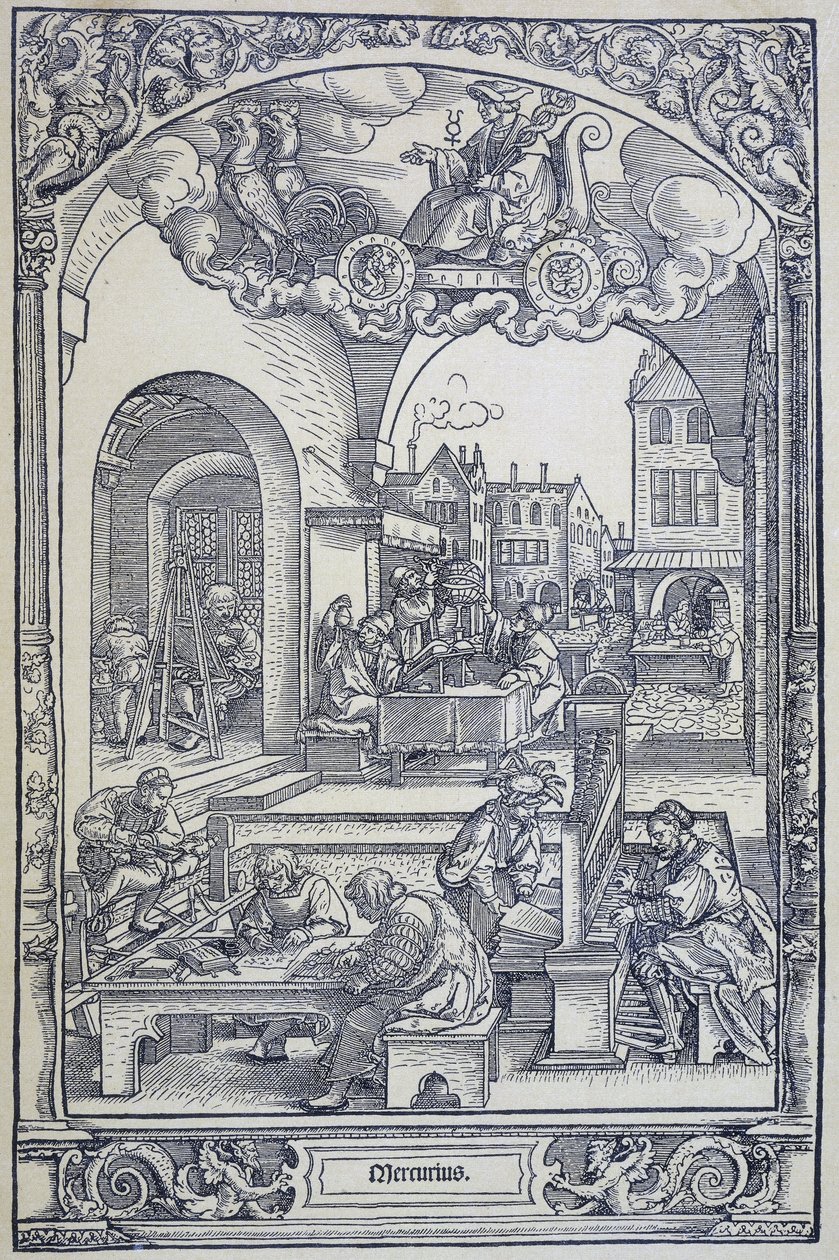 Merkür gezegeni ve sanatçılar, bilim adamları ve teknisyenler, c1535 (gravür) by Hans Sebald Beham