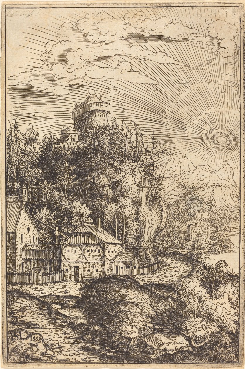 Şatolu Manzara ve Yayılan Güneş, 1553. by Hans Sebald Lautensack