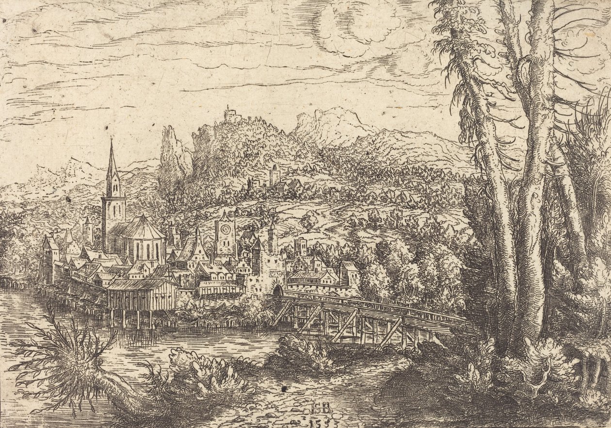 Nehrin Yakınındaki Bir Şehrin Görünümü, 1553. by Hans Sebald Lautensack