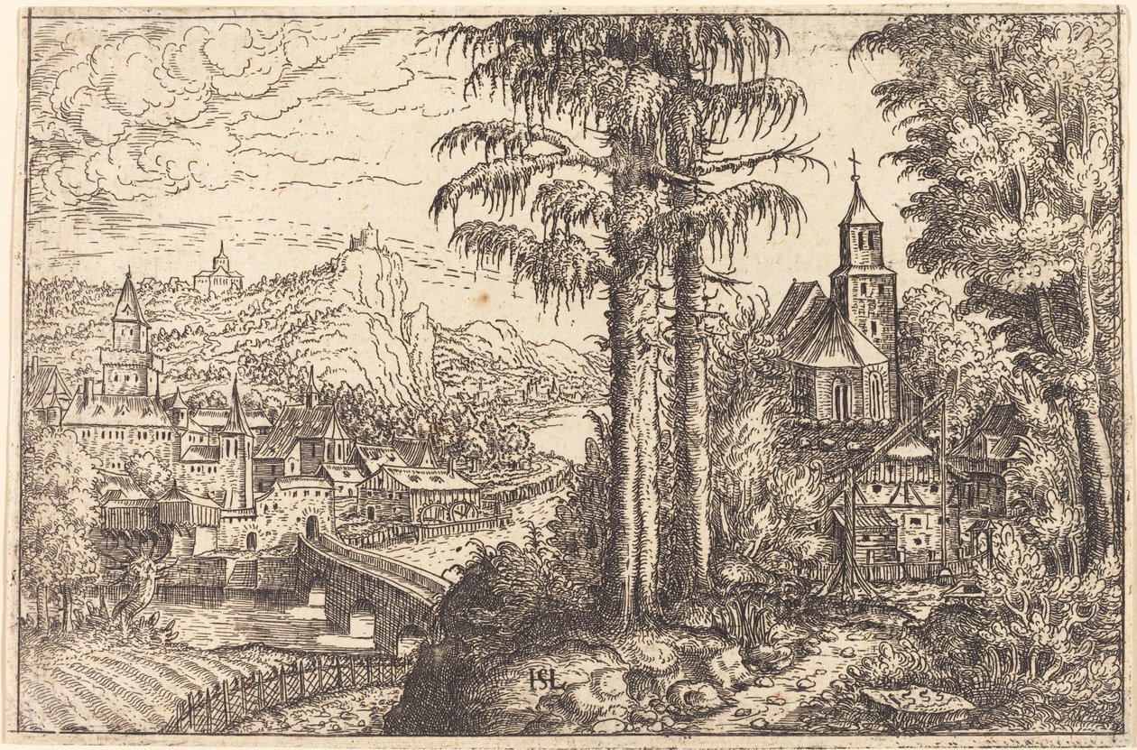 Sağda Kiliseli, Nehrin Yanındaki Bir Kasabanın Görünümü, 1553. by Hans Sebald Lautensack