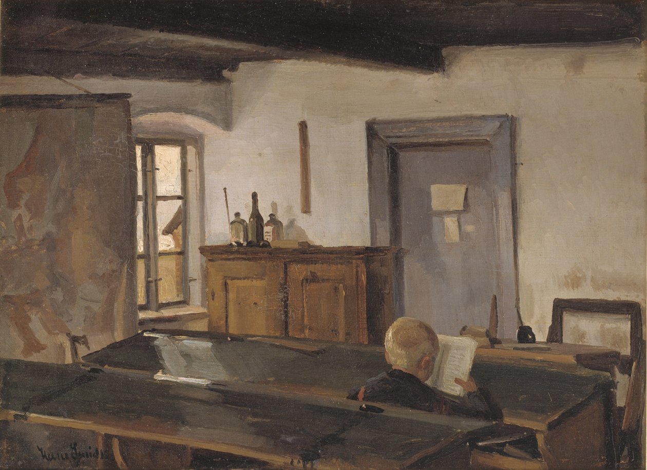 Okuma çocuğu olan bir okul odası by Hans Smidth