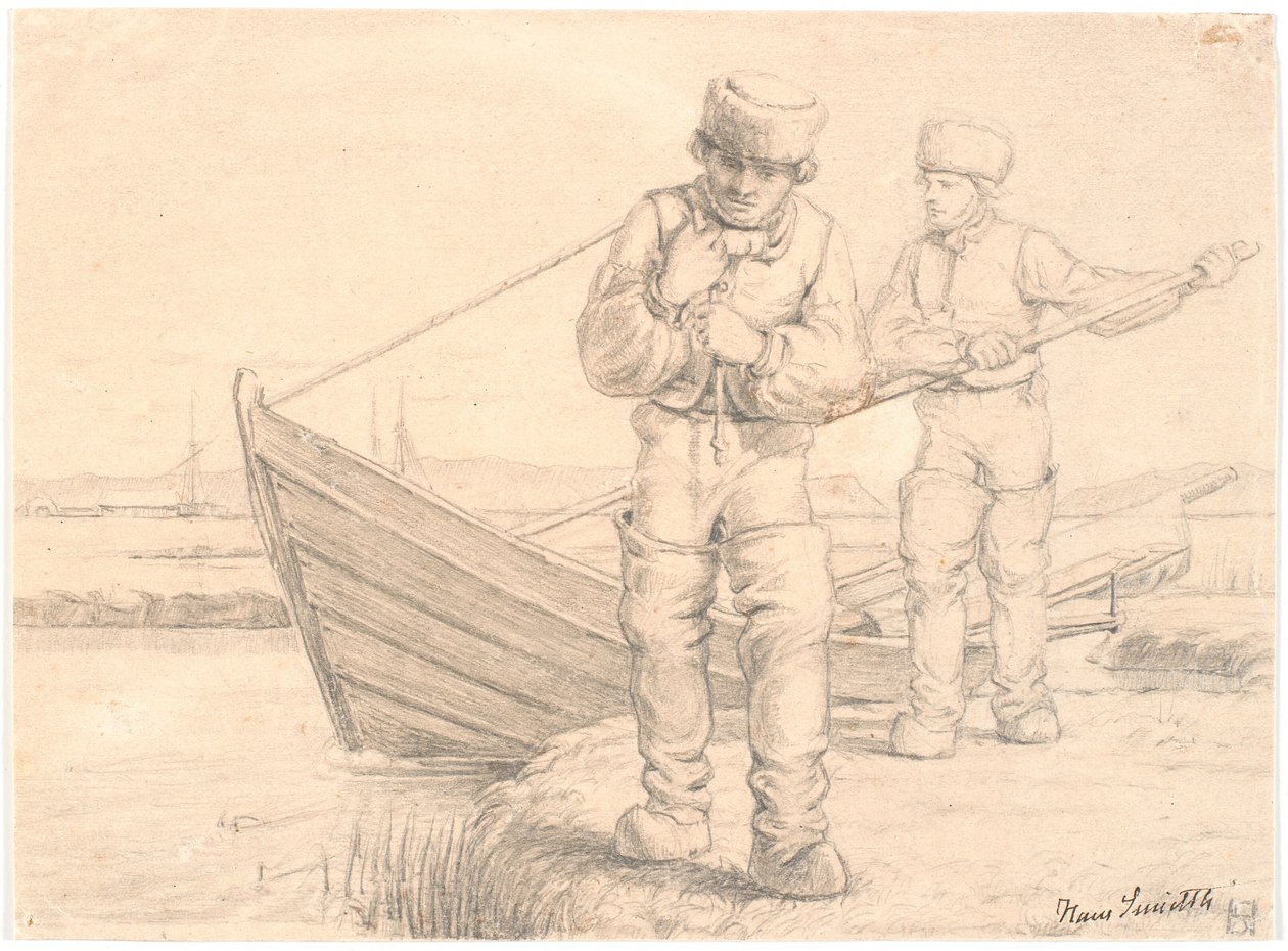 İki Limfjord balıkçısı bir tekne çekiyor by Hans Smidth