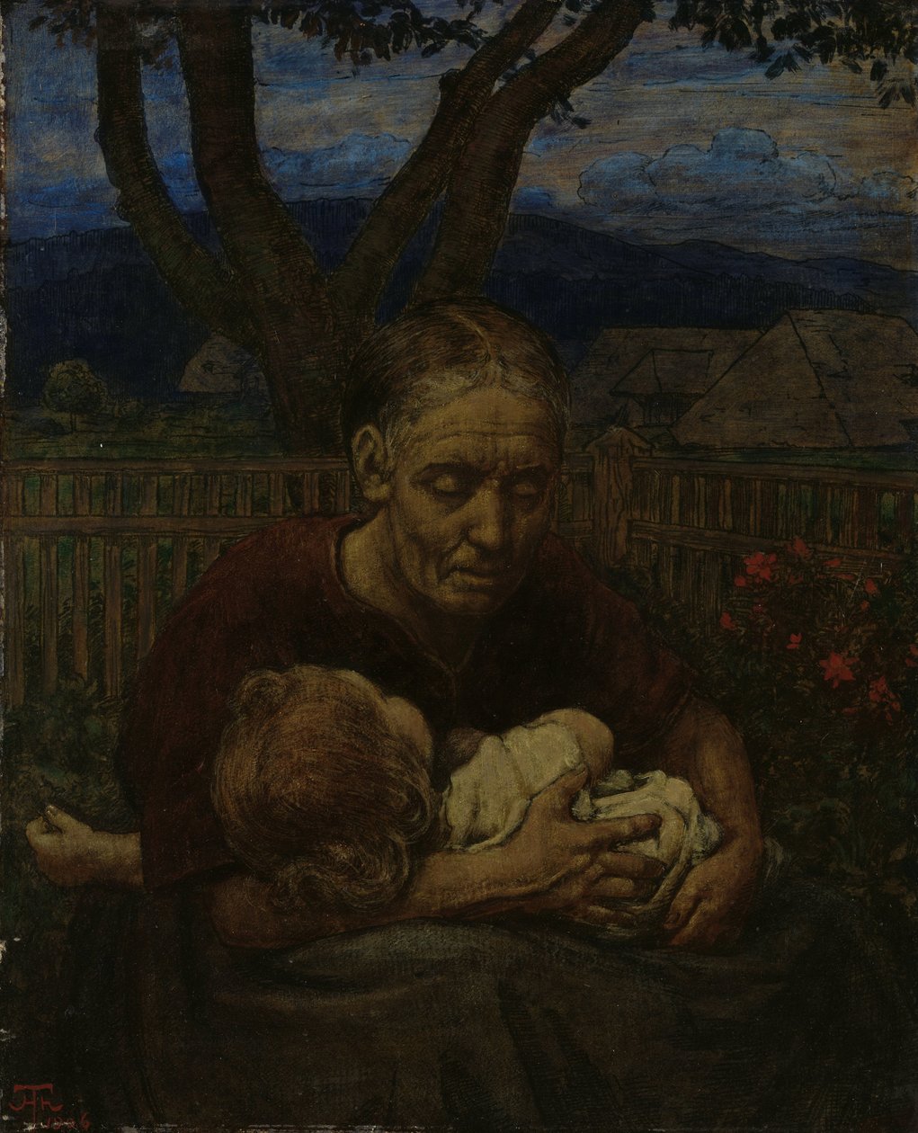 Bir bahçede anne ve çocuk by Hans Thoma