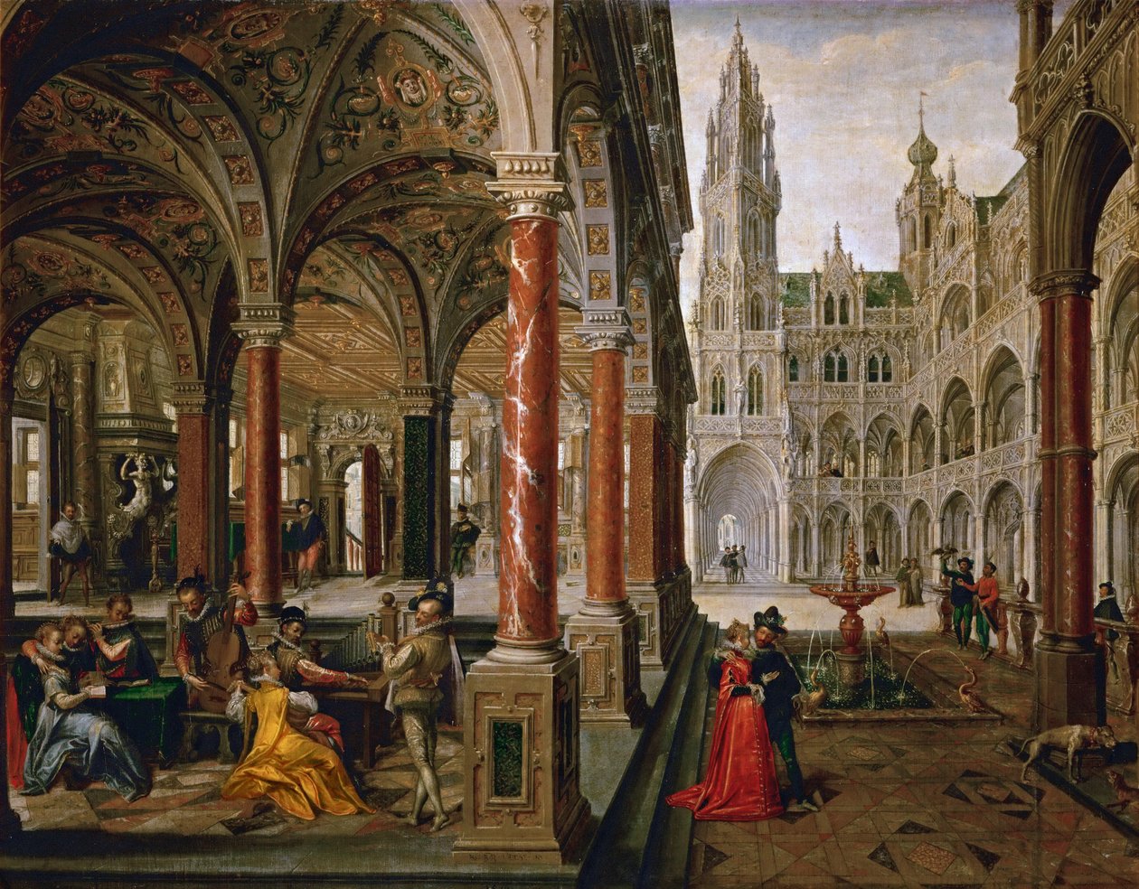 Müzisyenlerin olduğu saray - Hans Vredeman de Vries (Jan de Vriese veya Friedman de Frise) (1526-1606). Tuval üzerine yağlıboya by Hans Vredeman de Vries