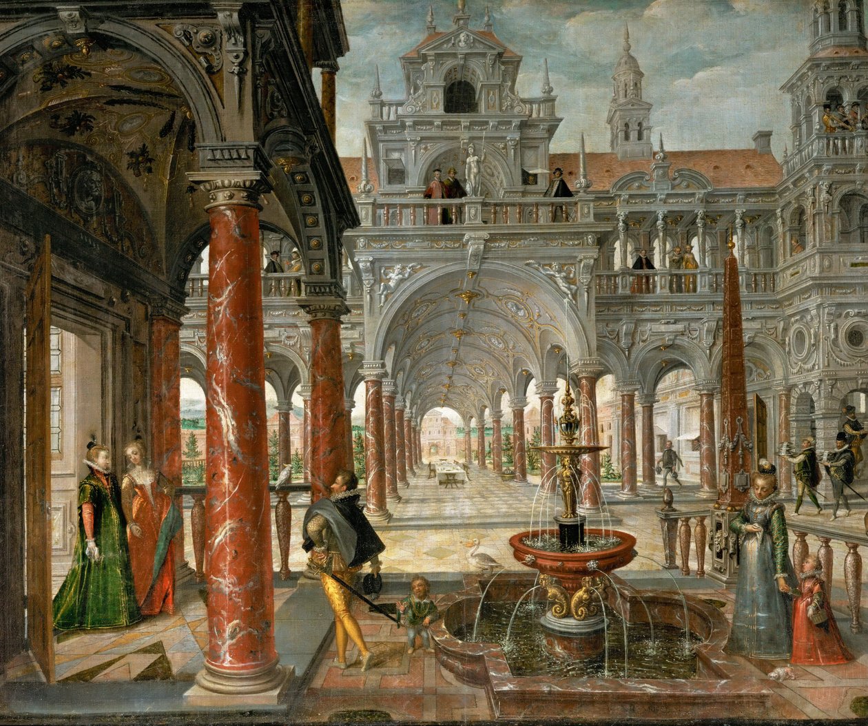 Seçkin ziyaretçileri olan bir saray - Seçkin ziyaretçileri olan saray - Hans Vredeman de Vries (Jan de Vriese veya Friedman of Friesland) (1526-1606). Tuval üzerine yağlı boya, c. 1596. Boyut: 137x164 cm. Sanat Tarihi Müzesi, Viyana by Hans Vredeman de Vries