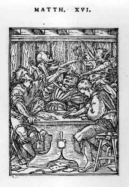 Hans Lutzelburger (fl.1505-26) tarafından oyulmuş Ölümün Dansı serisinden Oyuncular, c.1526-28 by Hans after Holbein the Younger