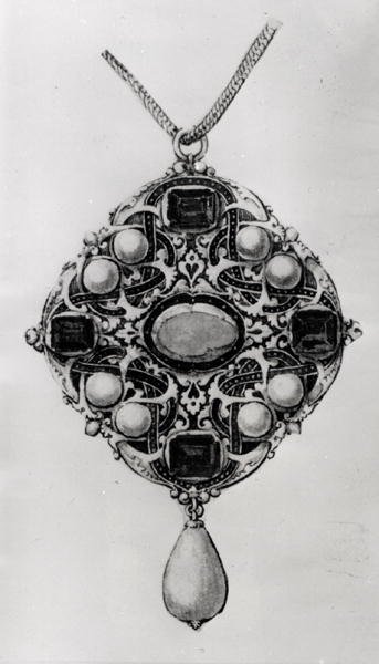 Yakut, safir ve incilerden oluşan bir kolye seti için tasarım (kalem ve siyah mürekkep, kağıt üzerinde yıkama ve tuvalet) by Hans attr. to Holbein the Younger