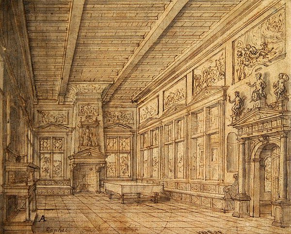 Bir Salonun İçi (grafit, kalem ve mürekkep ve kağıt üzerinde yıkama) by Hans or Jan Vredeman de Vries