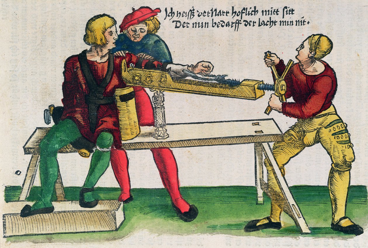 Kol kırıklarını iyileştirmek için aparat, Hans von Gersdorff'un 'Feldtbuch der Wundartzney' adlı tablosundan bir çizim, c.1540 (renkli gravür) by Hans or Johannes Ulrich Wechtlin