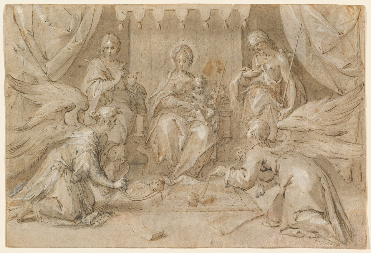 Madonna, Vaftizci Aziz Yahya ve Müjdeci Aziz Yahya ile Taht Edildi by Hans von Aachen