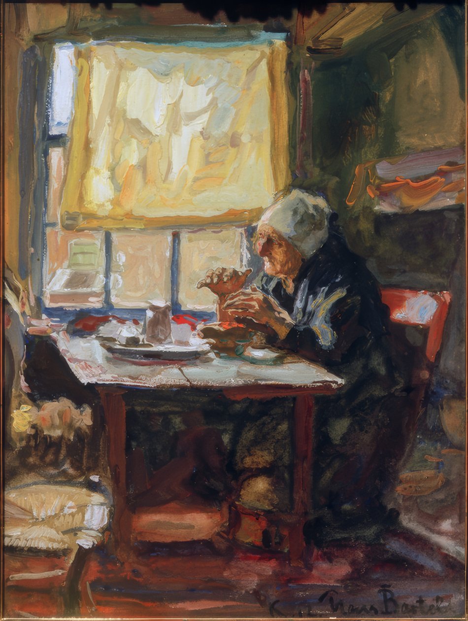 Kahvaltı masasında yaşlı kadın by Hans von Bartels