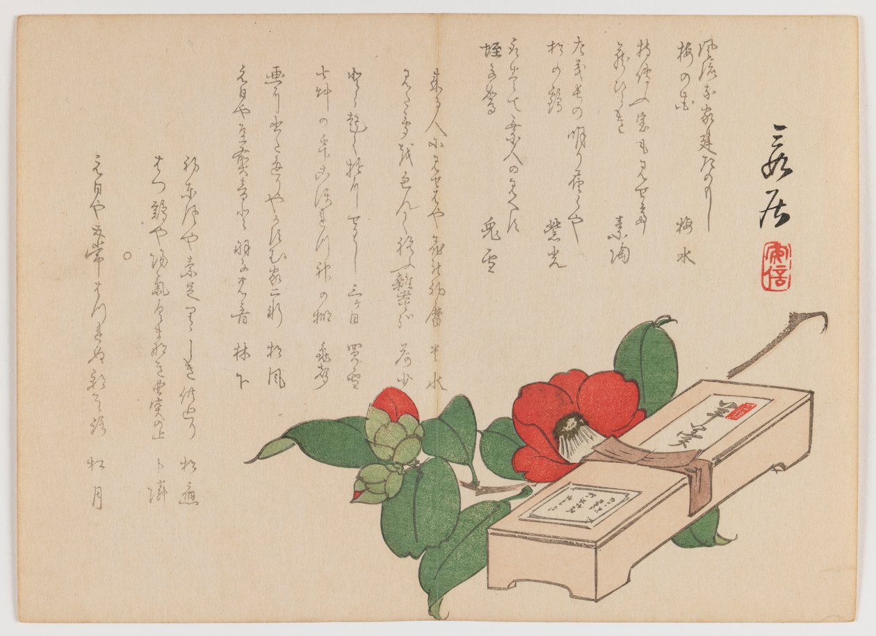 Tatlı Kutulu Kamelya (Yokan), c.1860 (tahta baskı; yatay Chuban yoko-e formatı) by Hanzan Matsukawa