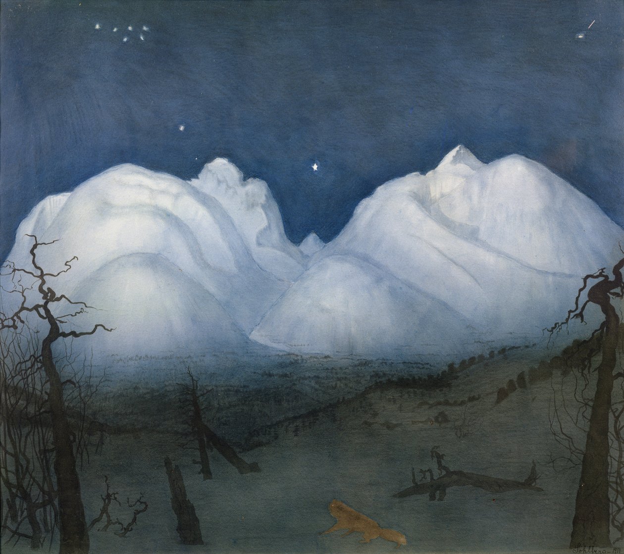 Dağlarda kış gecesi (kağıt üzerine pastel ve sulu boya) by Harald Oscar Sohlberg