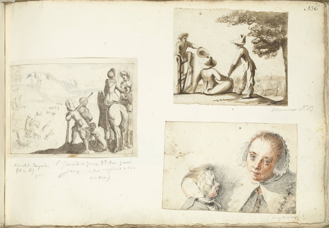 Şahinli avcılar, çoban çocuklar, kadın ve çocuk by Harmen ter Borch