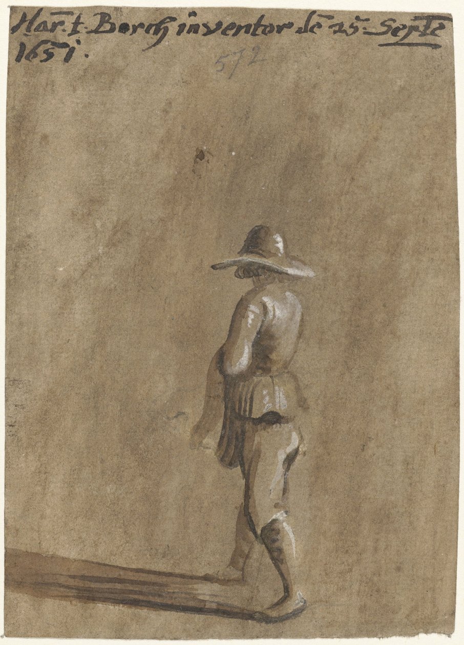 Geniş kenarlı şapkalı çocuk, sola yürüyor by Harmen ter Borch
