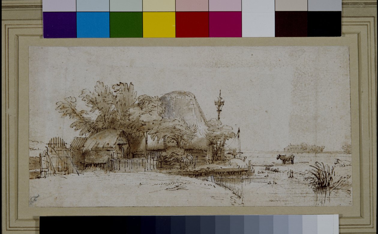 Nehir kenarında bir çiftlik evi ile manzara (kağıt üzerinde kalem ve mürekkep) by Harmensz Van Rijn (after) Rembrandt