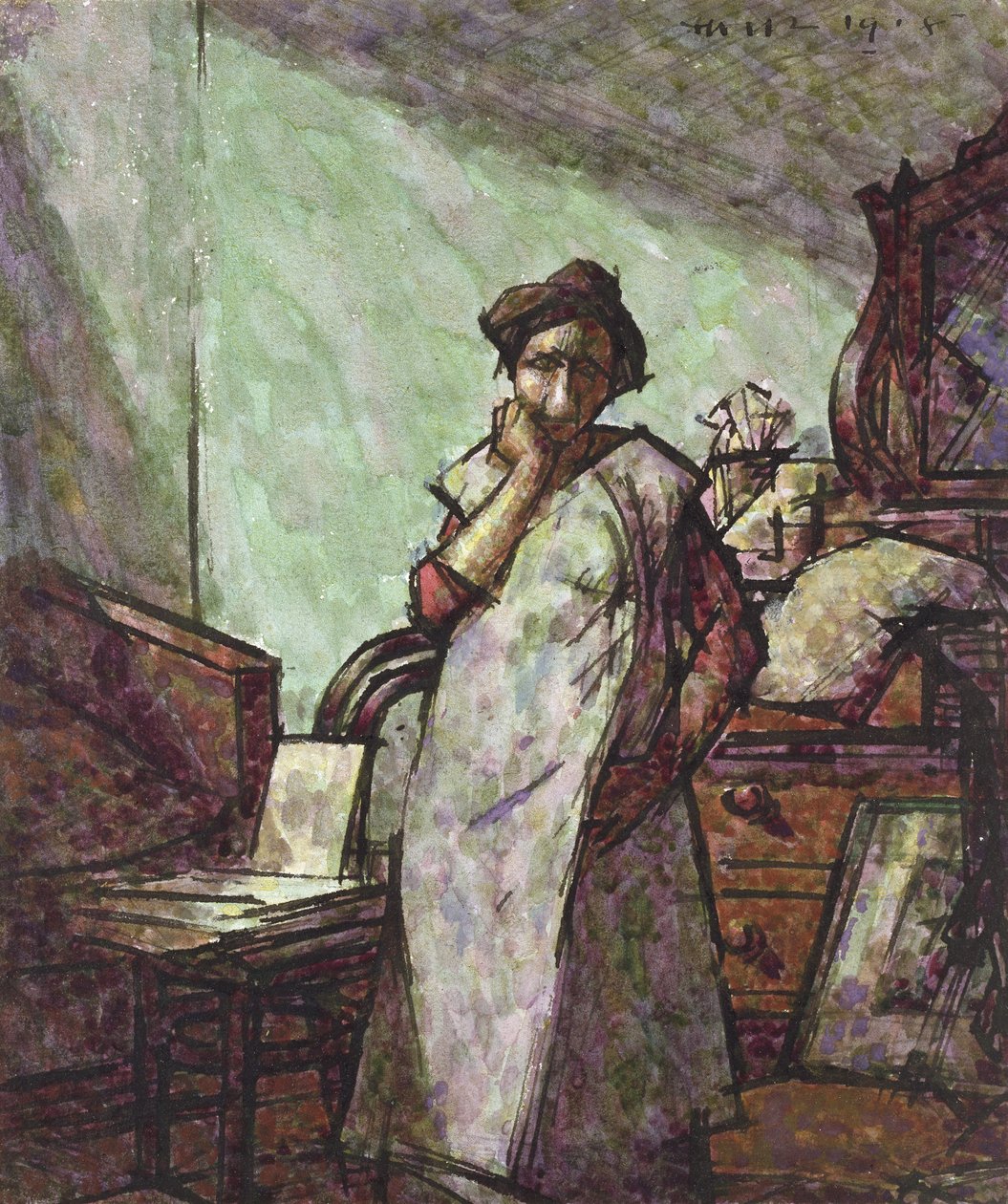 Bir Genel içinde Bayan Mounter ile İç, 1 Aralık 1918 (kalem ve siyah mürekkep ve sulu boya) by Harold Gilman